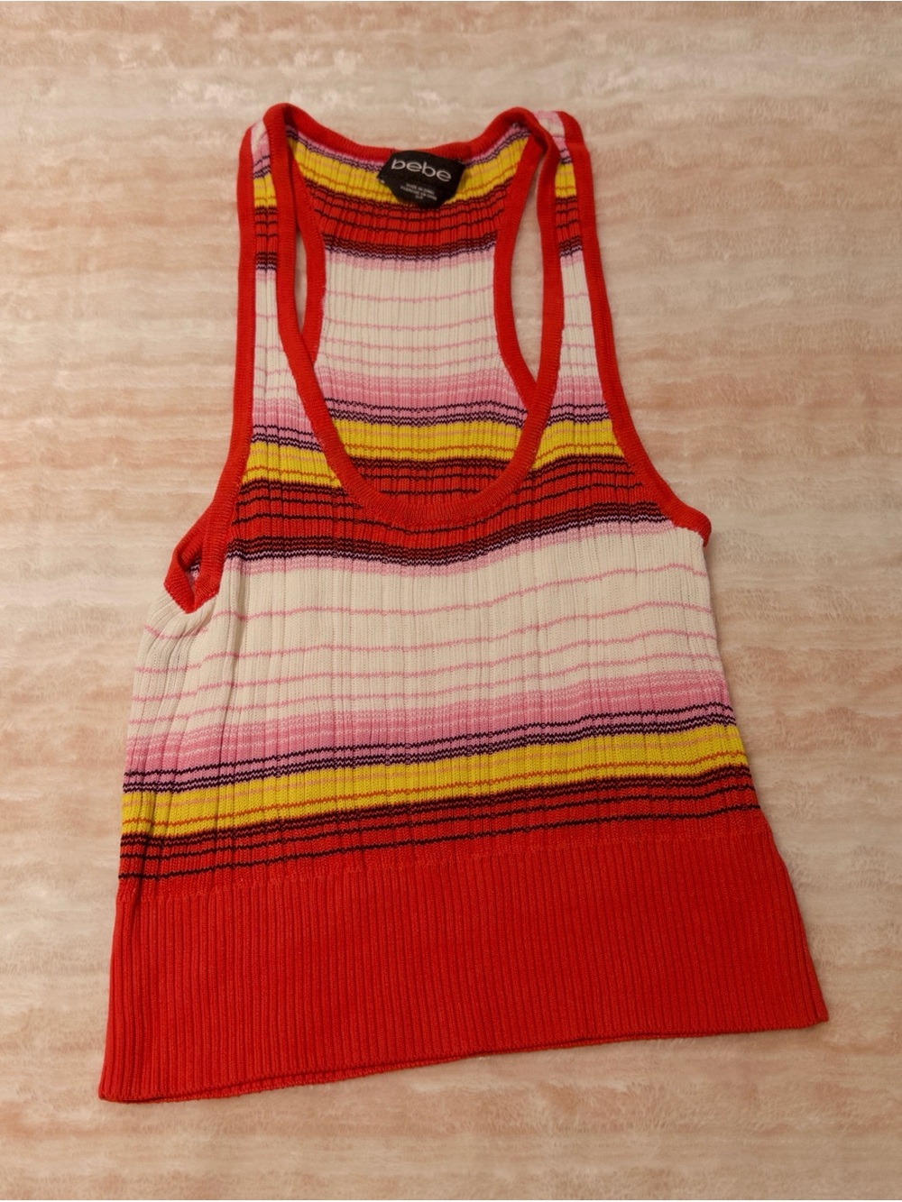 Bebe Red & Multicolor Striped Ribbed Tank Top